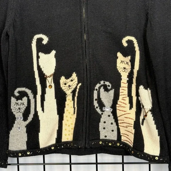 Vintage Designers‎ Originals Sweater Womens Medium Petite Black Cat Lover Zip - Picture 2 of 10